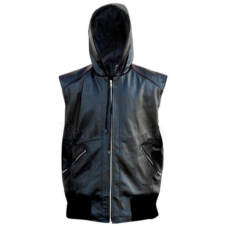 Black Hooded Fashion Premium Genuine Real Leather Vest With Hood ...